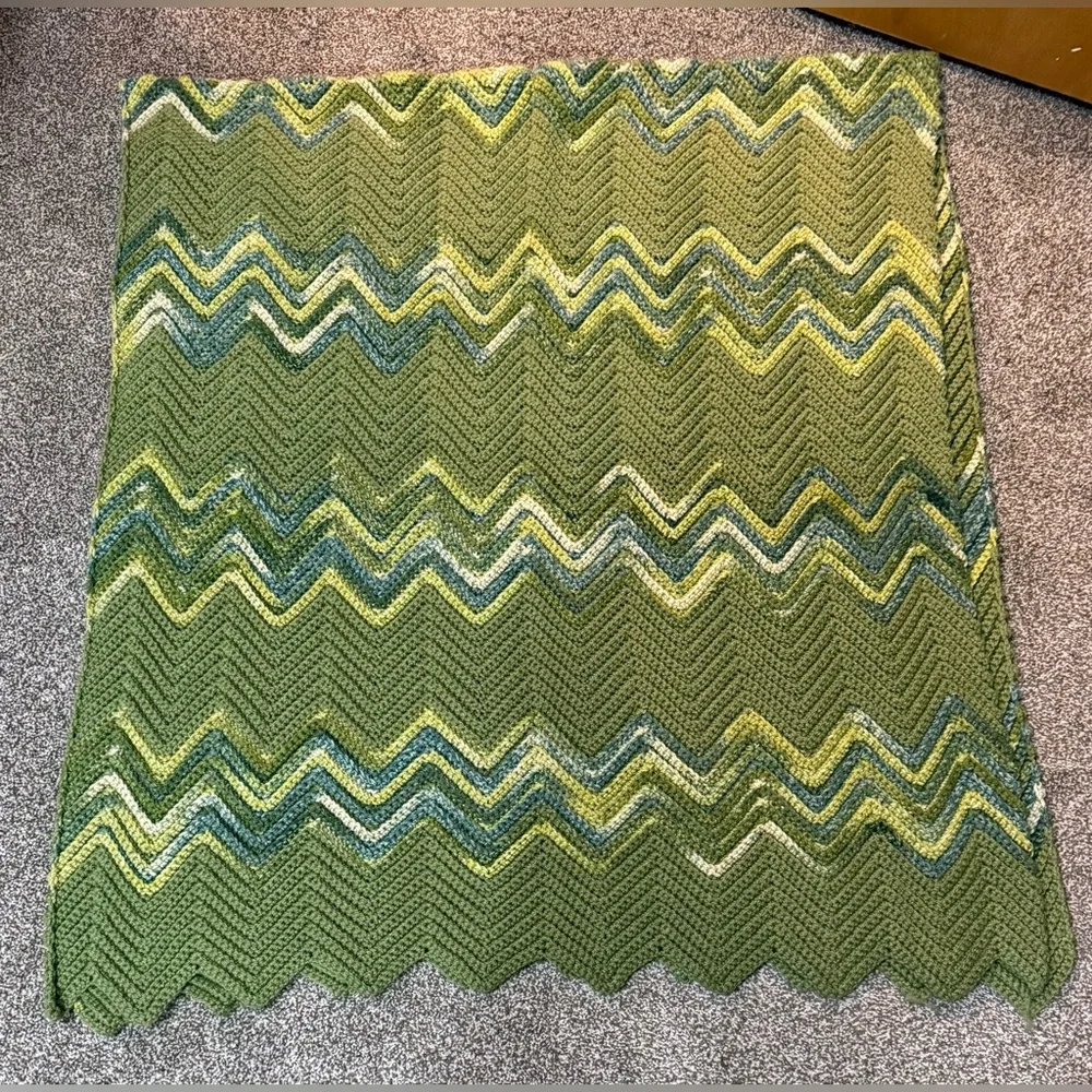 Handcrafted 82 x 36 Inch Chevron Afghan Multicolored Greens - New
